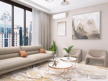 Modern living room featuring a minimalist sofa and elegant coffee tables, designed with a neutral color palette, showcasing interior decor ideas with Homestyler's real-time 3D rendering.