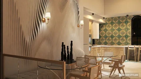 modern dining area featuring stylish wall art and decorative wallpaper with a cozy seating arrangement and elegant lighting, showcasing interior design optimization with Homestyler's real-time 3D rendering feature.