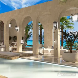 outdoor lounge area with elegant seating and tropical plants overlooking the ocean, designed using Homestyler's real-time 3D rendering feature for a luxurious coastal retreat.