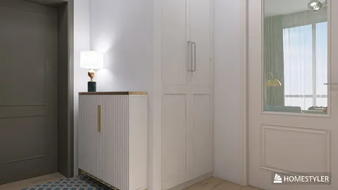 Modern hallway furniture arrangement displaying a sleek console and lamp, contemporary style, enhancing entryway aesthetics with Homestyler's real-time 3D rendering feature.