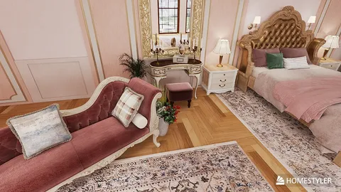 Elegant bedroom showcasing a luxurious bed and ornate furniture with a vintage style, enhancing interior decor aesthetics. Features Homestyler's real-time 3D rendering for design proposal visualization.