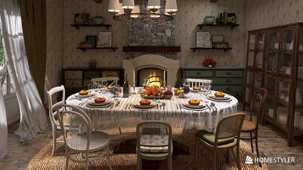 Charming dining room featuring a beautifully set table for a family gathering, rustic style with warm tones highlighting the space's inviting atmosphere, utilizing Homestyler's real-time 3D rendering for design proposals.