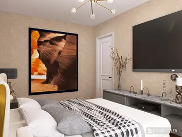 modern bedroom design with cozy bedding and artwork featuring sand dunes, showcasing an elegant decor style ideal for creating a calming space, utilizing Homestyler's real-time 3D rendering feature.
