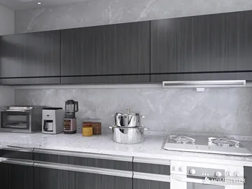 A modern kitchen design featuring sleek dark cabinetry and a marble countertop, showcasing a stylish cooking space with efficient storage solutions, powered by Homestyler's real-time 3D rendering feature.