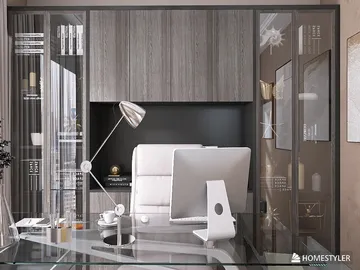 modern office with sleek furniture and glass partitions showcasing a contemporary design style, enhancing workspace efficiency with Homestyler's real-time 3D rendering feature.