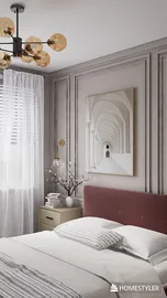 Cozy bedroom interior design featuring a modern bed with pastel accents and an elegant chandelier, showcasing a sophisticated aesthetic through Homestyler's real-time 3D rendering.