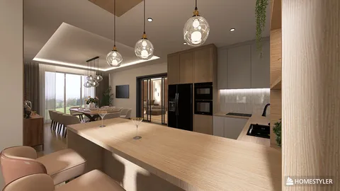 modern kitchen design featuring elegant pendant lighting and a spacious dining area, showcasing sleek cabinetry and a warm wood aesthetic; includes Homestyler's real-time 3D rendering feature for effective interior design visualization.