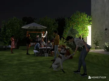 outdoor party scene with people enjoying the evening and a dog in a beautifully landscaped garden, featuring a cozy atmosphere and modern lighting, using Homestyler for realistic 3D rendering.