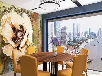 Dining area showcasing a floral accent wall with a large flower mural, complemented by a round wooden table and stylish orange chairs, reflecting modern interior design aesthetics; features Homestyler’s real-time 3D rendering for a realistic preview.