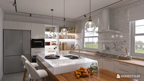 Modern kitchen featuring an innovative layout with a large island and elegant lighting, showcasing functional interior design with Homestyler's real-time 3D rendering.