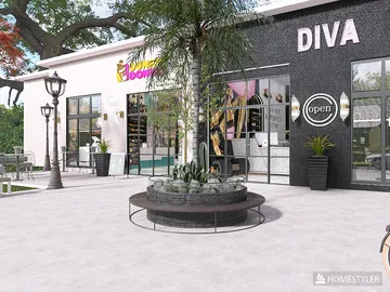 outdoor shopping area featuring a decorative fountain and store fronts with modern design elements, showcasing an inviting atmosphere for retail experience using Homestyler's real-time 3D rendering feature.