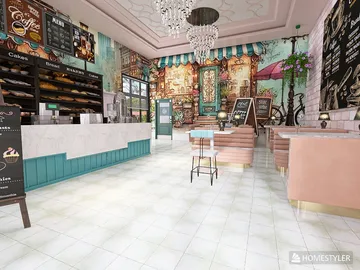 cafe interior design displaying a vintage theme with elegant decor and a charming atmosphere, featuring Homestyler's real-time 3D rendering to visualize the space effectively.