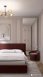 modern bedroom design featuring a burgundy bed and armchair, showcasing smart furniture arrangement for optimal small space usage, utilizing Homestyler's real-time 3D rendering functionality.
