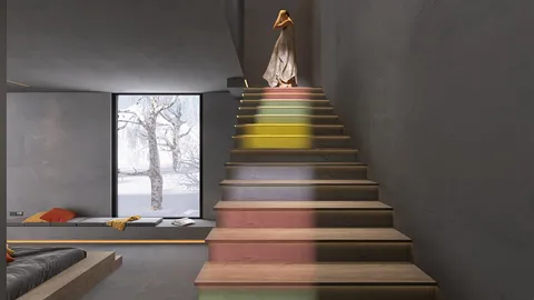 Colorful staircase leading to an upper level with a stylish figure in a dress, showcasing a modern interior design that emphasizes natural light and minimalism, utilizing Homestyler's real-time 3D rendering feature.