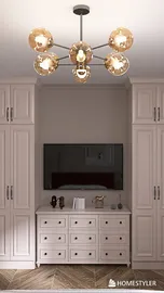 modern living room featuring a stylish console table and elegant chandelier, showcasing interior decor with a focus on lighting design, utilizing Homestyler's real-time 3D rendering