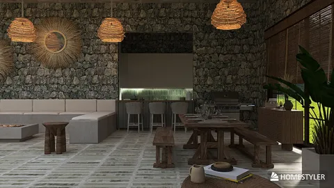stone wall interior design featuring modern furniture arrangement in a rustic style living space with a focus on natural materials, utilizing Homestyler's real-time 3D rendering feature.