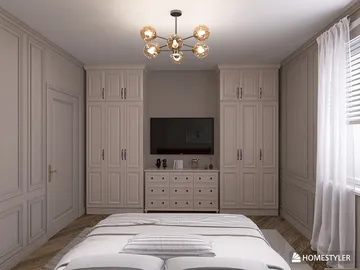 Modern bedroom featuring a stylish chandelier, designed for elegance, utilizing Homestyler's real-time 3D rendering to enhance interior decor.