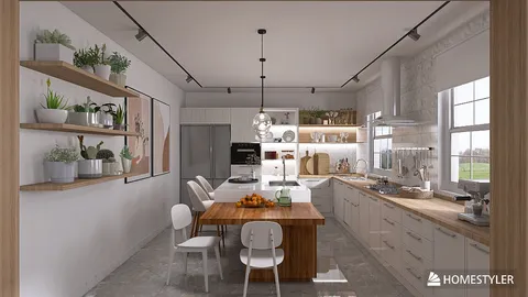 modern kitchen design featuring a spacious layout with smart furniture arrangement, showcasing a contemporary style, optimized for interior decor with Homestyler's real-time 3D rendering capabilities.