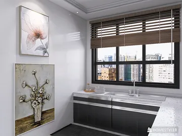 Modern kitchen with sleek cabinetry and artistic wall decor, showcasing a contemporary design style that emphasizes functionality and aesthetic appeal. This image illustrates Homestyler's real-time 3D rendering feature for home design visualization.