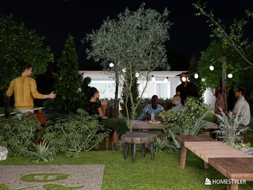 outdoor gathering with friends enjoying a garden setting at night, featuring modern landscaping, cozy seating arrangements, and ambient lighting, showcasing an inviting entertaining space with Homestyler's AR virtual furniture placement feature.