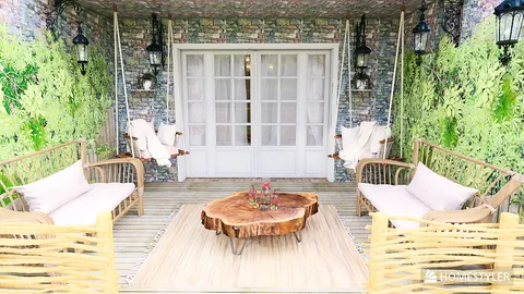 outdoor seating area with natural wood furniture and greenery backdrop, showcasing a rustic style, ideal for creating a cozy atmosphere in a garden or terrace space using smart furniture arrangement in Homestyler.