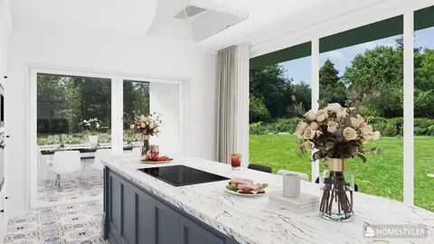 modern kitchen with marble countertop designing with natural light and garden view, showcasing interior decor optimization using Homestyler's real-time 3D rendering feature.
