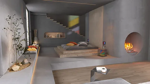 Modern bedroom design featuring a minimalist bed setup with wooden accents and a cozy fireplace, showcasing an industrial style for a tranquil living space with Homestyler's real-time 3D rendering.