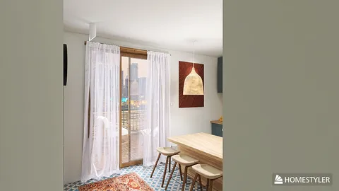 modern dining area featuring a wooden table and chairs, showcasing smart furniture arrangement for space optimization, illuminated by natural light through large windows, highlighting interior decor trends with Homestyler's real-time 3D rendering feature.