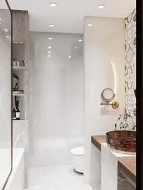 Modern bathroom design showcasing tile patterns and a sleek layout, optimizing space with smart furniture arrangement using Homestyler's real-time 3D rendering feature.