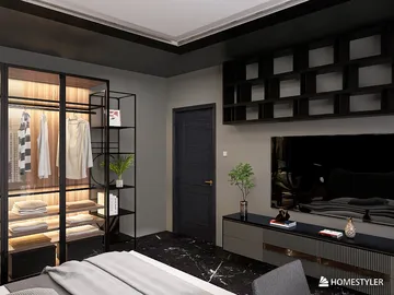 modern bedroom featuring an open wardrobe design and sleek furniture arrangement, emphasizing efficient space utilization with Homestyler's 3D rendering capabilities.
