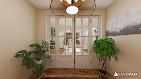 entrance hallway with double doors leading to a living area, featuring modern decor and natural greenery, showcasing an inviting atmosphere designed with Homestyler's real-time 3D rendering functionality.