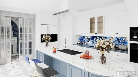 kitchen area featuring a marble countertop and stylish cabinetry, showcasing a modern design with a focus on functionality and aesthetics, utilizing Homestyler's real-time 3D rendering for a seamless renovation preview.