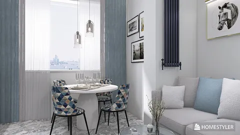 Modern dining area featuring a round table set for a meal, accented with blue and gray decor in a contemporary style, showcasing the Homestyler real-time 3D rendering functionality for design preview.