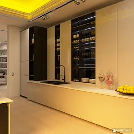 Modern kitchen design featuring a sleek countertop with a sink, integrated cabinetry for storage, and ambient lighting accents, showcasing interior decor optimization using Homestyler's real-time 3D rendering feature.