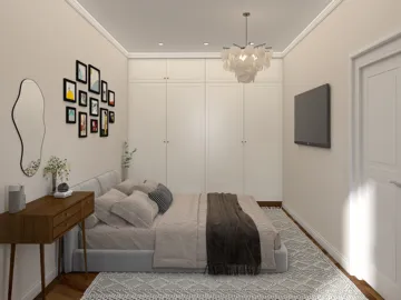 bedroom with modern furnishings and neutral color palette, showcasing a cozy interior design, utilizing Homestyler's real-time 3D rendering feature.