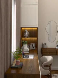 Home office workspace featuring a wooden desk with a laptop and decorative items, designed in a modern style for optimal productivity, utilizing Homestyler's real-time 3D rendering for design preview.