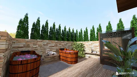 outdoor spa area featuring wooden soaking tubs, relaxing water features, and lush greenery, designed in a contemporary style, utilizing Homestyler's real-time 3D rendering for an immersive layout preview.