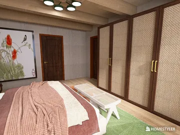 cozy bedroom with a large bed and stylish wardrobe design, featuring natural materials and a modern aesthetic, showcasing interior decor optimization with Homestyler's real-time 3D rendering feature.