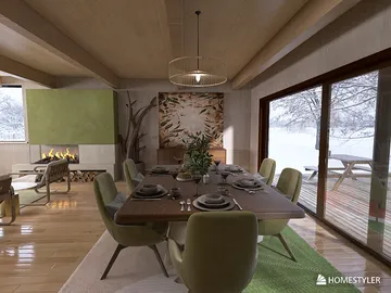 cozy dining area featuring a large wooden table and green chairs, designed in a modern rustic style, showcasing Homestyler's real-time 3D rendering feature for an immersive interior decor experience