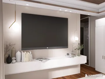 Modern TV wall unit showcasing an elegant entertainment setup with soft lighting in a cozy living room. Features a sleek design that optimizes space for interior decor. Utilizes Homestyler's real-time 3D rendering for effective design proposals.