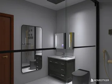 modern bathroom design featuring a sleek vanity and mirror with stylish fixtures, utilizing Homestyler's real-time 3D rendering for an accurate preview of interior design.
