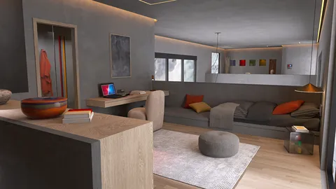 Modern living room design showcasing a minimalist sofa arrangement with vibrant cushions, featuring a stylish coffee table and a desk area, emphasizing the use of Homestyler's real-time 3D rendering for accurate interior decor visualization.
