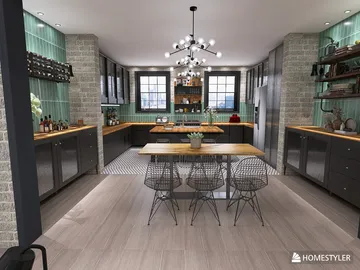 modern kitchen with wooden countertops and metal accents, showcasing a cozy dining area, designed using Homestyler's real-time 3D rendering feature for quick renovation previews.