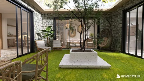 Indoor garden space featuring a central planter with greenery, enhanced by natural light, showcasing a modern rustic style with a focus on indoor landscaping using Homestyler's real-time 3D rendering.