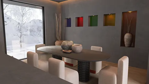 Modern dining room design showcasing a round table with neutral-colored chairs, optimized for space efficiency using smart furniture arrangements, featuring a minimalist style that enhances the spatial value with a cozy ambiance, utilizing Homestyler's real-time 3D rendering functionality.