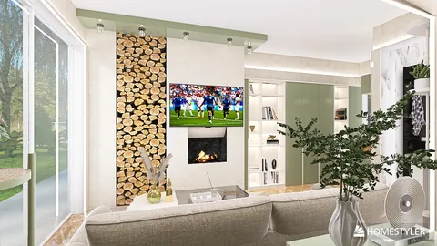 living room with fireplace and TV display featuring a modern design layout showcasing a cozy atmosphere, utilizing Homestyler's real-time 3D rendering feature for effective visualization.