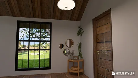 cozy entryway with wooden elements showcasing natural light through large window, featuring circular mirrors and a decorative table; highlights Homestyler's real-time 3D rendering for interior design visualization.