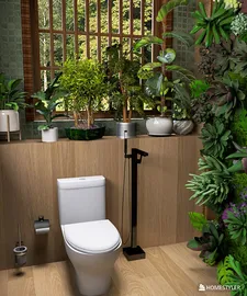 modern toilet design with lush greenery and plants enhancing the bathroom space, showcasing a natural style with Homestyler's real-time 3D rendering feature