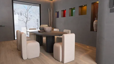 modern dining room featuring a sleek table with textured surface and soft, minimalist chairs, showcasing an artistic decor style, optimized for interior aesthetics using Homestyler's real-time 3D rendering.
