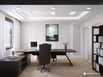 modern office interior design featuring a sleek desk arrangement in a contemporary style, showcasing Homestyler's real-time 3D rendering functionality for effective design proposals.